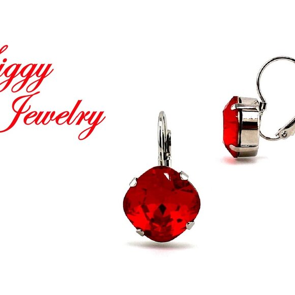 Light Siam 12mm Cushion Cut Drop Earrings made with Swarovski Crystals - Picture 3 of 6